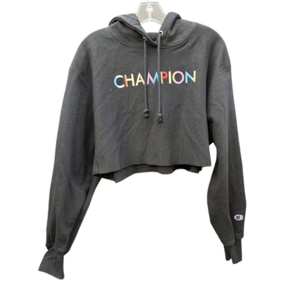 Champion Reverse Weave Cropped Hoodie Black Rainbow Logo Sweatshirt
